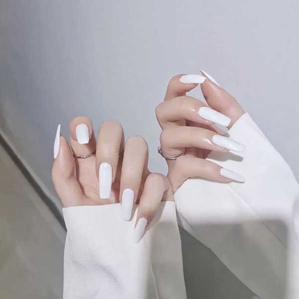 nailbox móng tay giả Miếng dán móng tay đeo móng tay hình vuông dài màu trắng tinh khiết