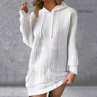Stitchique _ Ladies Thu Đông Đầm Xoắn Họa Tiết Có Mũ Trùm Đầu Dây Rút Màu Trơn Dài Tay Áo Chui Đầu Dày Mềm Mại Ấm Áp Giữa Chiều Dài Nữ Áo Hoodie