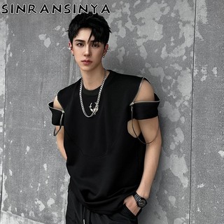 Sinransinya Áo thun nam mới, American Retro Street Luxury, Thiết kế bảng dây kéo Cotton nguyên chất, Áo nửa tay thời trang dành cho cặp đôi thanh niên dáng rộng và nặng nề