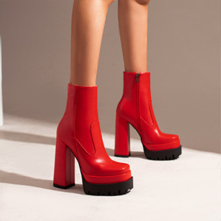 35-43 Kích Thước Phong Cách Mới Mũi Vuông Bên Dây Kéo Chống Thấm Nước Nền Tảng Dày Gót Giày Bốt Ngắn Co Giãn Gót Cao Giày Bốt Mỏng Martin