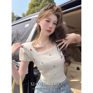 Xiaozhainv Hàn Quốc Cổ Vuông Trắng Dệt Kim Tay Ngắn Nữ Mùa Hè Mới Co Giãn Eo Thường Ngày Crop Top