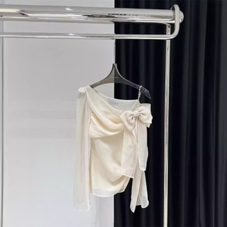 YEAL Melbourne Design Cute Youth-Looking off-the-Shoulder Drill Chain Bow Bell Sleeve Flab Hiding