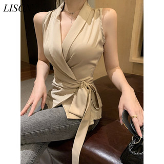 Liscn Áo sơ mi satin không tay cổ chữ V thắt lưng cao cấp GM2453D9X