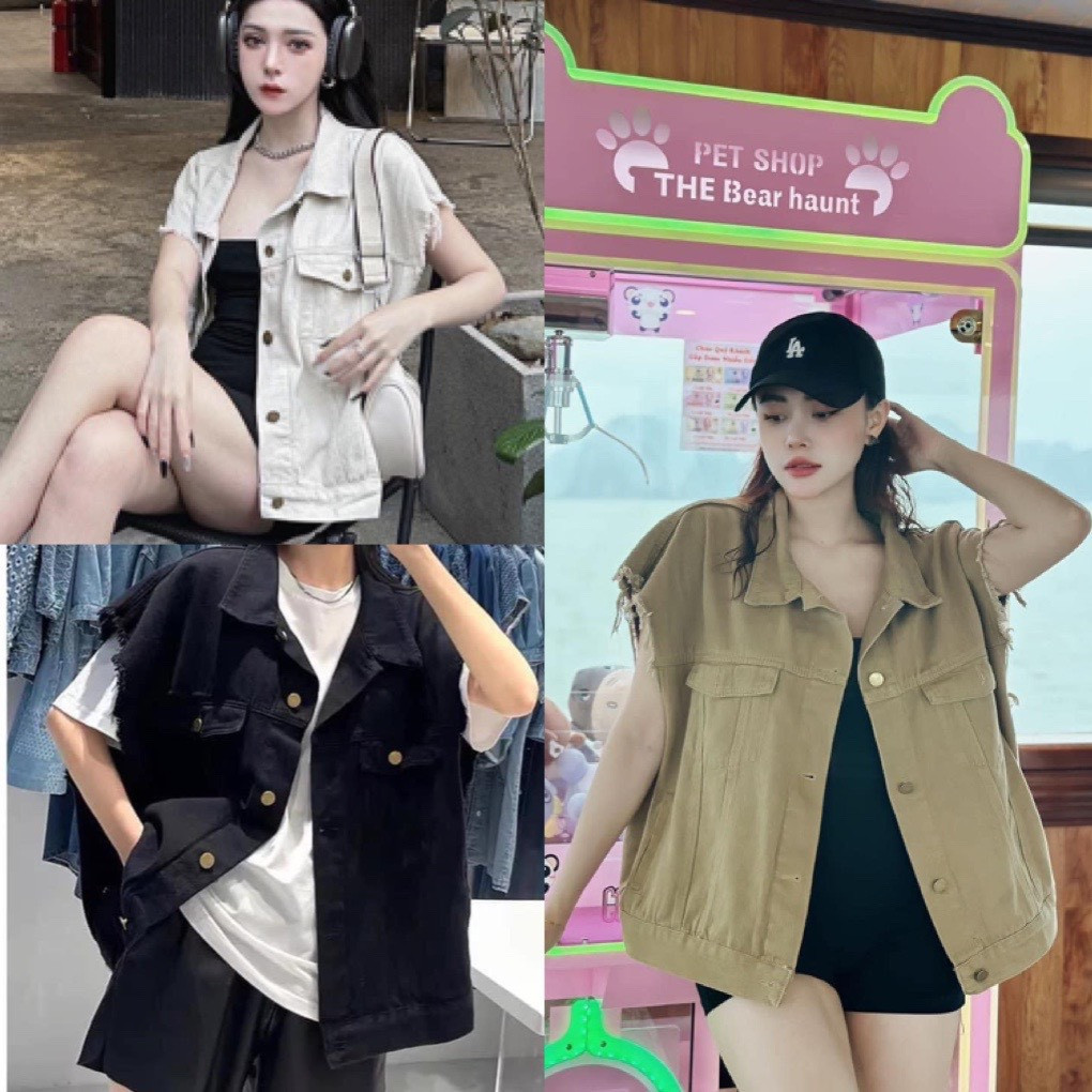 Áo Khoác Gile Jean Trơn Nữ Tay Tua Rua Màu đen Nâu Be, áo Gile Bò Demin Jackit Thể Thao Nam Nữ  Ulzz