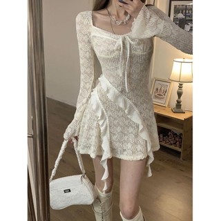 Váy Liền Dáng Ngắn Thiết Kế Bèo Nhún Eo Cổ Vuông Tay Loe Kiểu Pháp Ngọt Ngào Cổ Điển Hơi Mập Kiểu Pháp