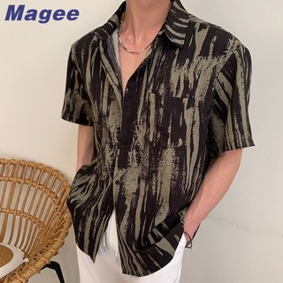Magee Mới Áo Sơ Mi Nam Phiên Bản Hàn Quốc Retro Thường Ngày Sang Trọng Sọc Đậm Thiết Kế Rời Hip Hop Thanh Niên Cặp Đôi Thời Trang Cổ Polo Nửa Tay Top