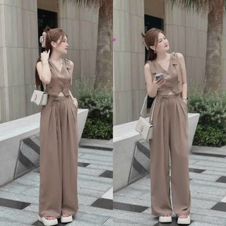 Set bộ áo gile cột nơ vai phối quần dài ống rộng cột nơ eo dễ thương , siêu cưng