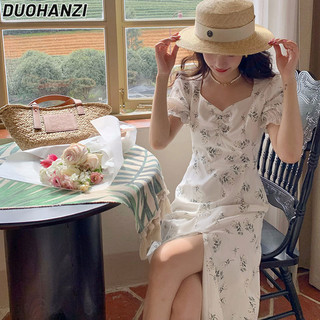 Duohanzi Váy Nữ Pháp xẻ cổ vuông bong bóng váy ngắn tay phong cách mới ngọt ngào giản dị váy dài