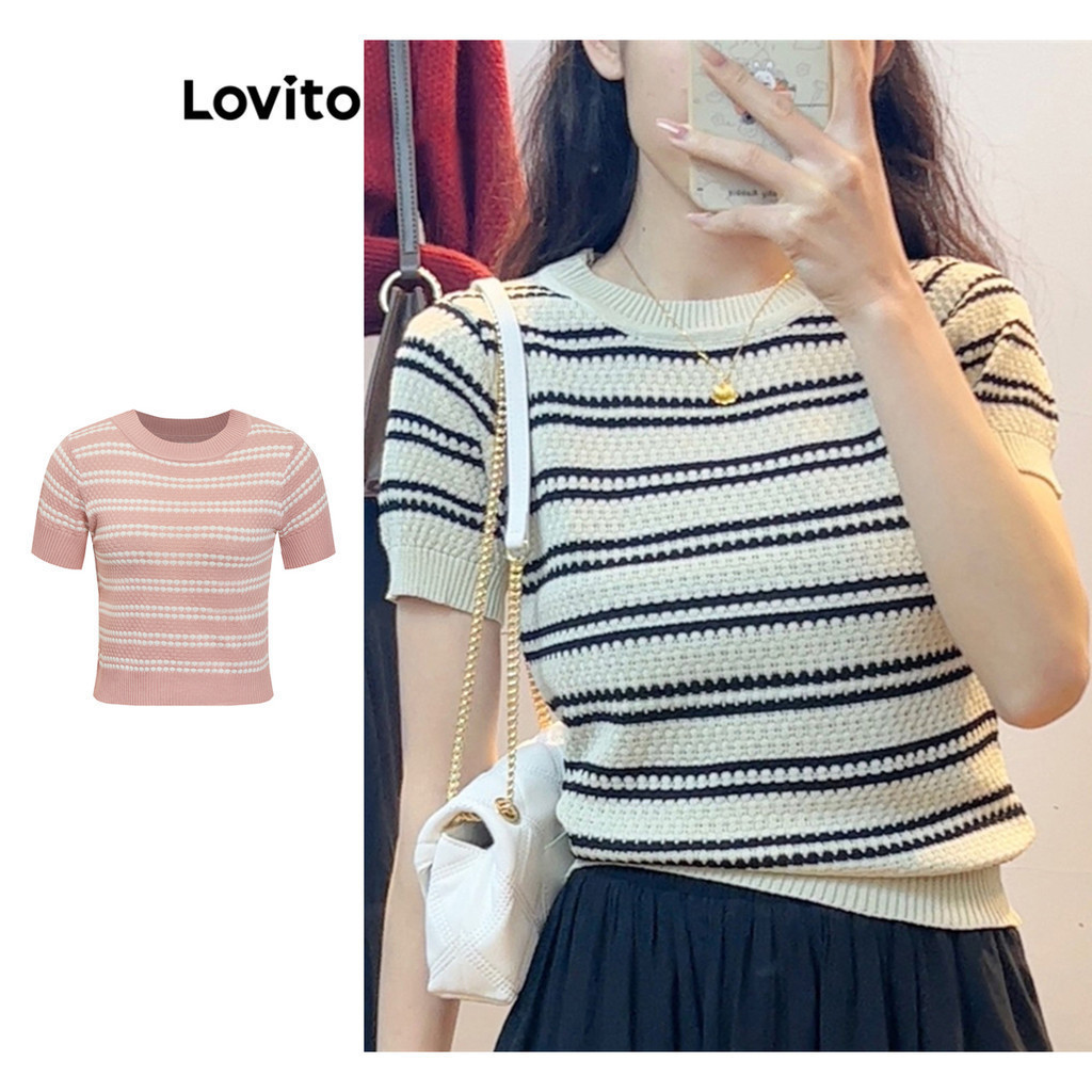 Áo dệt kim Lovito cổ tròn họa tiết sọc ngang thời trang cho Nữ LNE13021 (Nhiều màu)