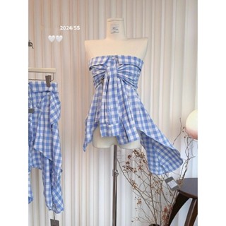 Áo Sơ Mi Kẻ Sọc Màu Xanh Lam Có Cảm Giác Thiết Kế Áo Ống Trễ Vai Không Tay Mặc Ngoài Đẹp Mặc Ngoài Mùa Hè Cho Nữ