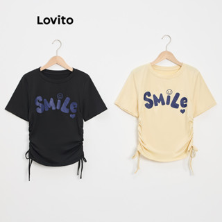 Áo thun Lovito có dây rút họa tiết chữ phong cách thường ngày cho nữ LNE57731
