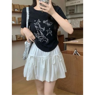Ngắn Top Mùa Hè Phong Cách Mới In Hình Slim-fit Chính Hãng Vai Cotton Nguyên Chất Ren Áo Thun Tay Ngắn ins Ngọt Ngào