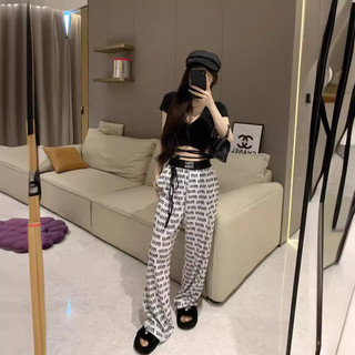 MIU MIU 24 Summer New Fashion Flocking Letter Hot Drilling Letter Simplicity All-Matching Straight Casual Pants