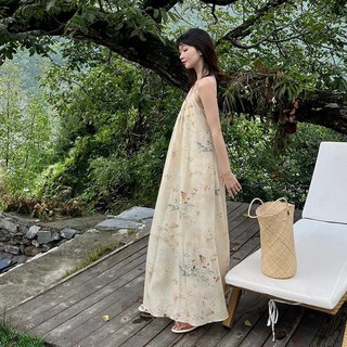 Zhengyizhidao Nhẹ Nhàng Phong Cách Kỳ Nghỉ Trà Phong Cách Pháp Vintage Hoa Không Lưng Sling Đầm Nữ Tính Khí Dài