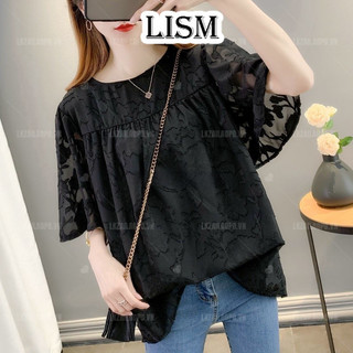 Áo sơ mi nữ tay ngắn Bigsize Áo sơ mi voan form rộng cổ tròn đen mùa hè Phong cách Hàn Quốc Thời Trang đẹp