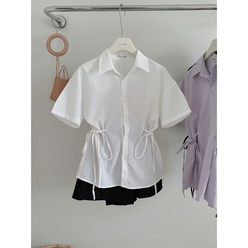 Áo sơ mi đũi chiết eo nơ kiểu tiểu thư công sở xinh xắn | BigBuy360 - bigbuy360.vn
