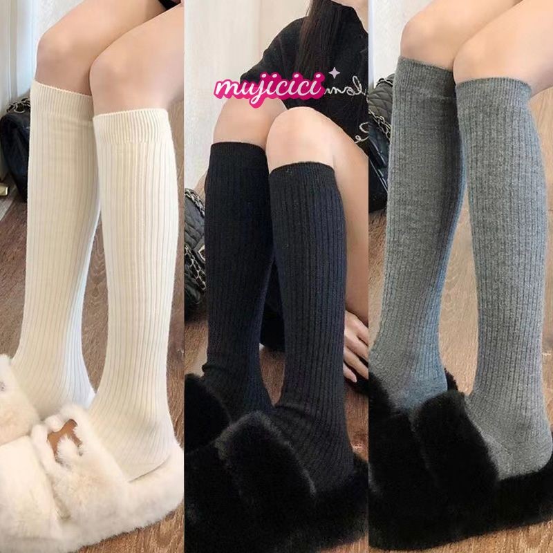 🍟mujicici🍟Vớ Dài Đến Đầu Gối Bằng Len Họa Tiết Kẻ Sọc Trắng Đen Xám Phong Cách Preppy JK Retro Mùa X
