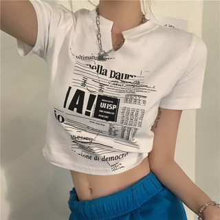 Áo thun ngắn tay cổ chữ V in chữ mùa hè dành cho nữ Áo crop top Hàn Quốc (SL)