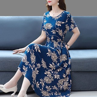 Váy lụa Cotton mùa hè dành cho nữ Túi dài vừa phải cỡ lớn Váy hoa dáng rộng Váy mẹ