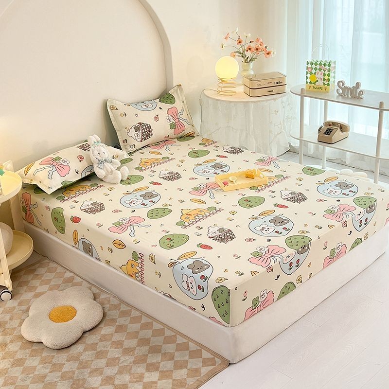 Khăn trải giường bằng vải Cotton đã giặt Khăn trải giường một mảnh Vỏ bảo vệ nệm chống trượt Bao gồm tất cả Tấm gối Simmons Bộ ba mảnh jks