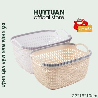 Rổ nhựa giả đan mây Việt Nhật 3377-1 - Rổ nhựa chữ nhật đựng đồ có quai cầm màu pastel xinh xắn