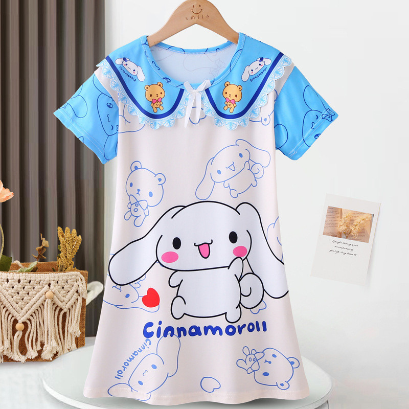 Hàng sẵn có 105-150CM Phong Cách Mùa Hè Bé Gái Hoạt Hình Ren Cổ Búp Bê Váy Ngủ Trung Nhỏ Trẻ Em Nơ Tay Ngắn Đầm Công Chúa