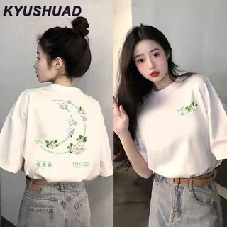 Kyushuad Áo thun ngắn tay in vai bên phải dáng rộng phong cách mùa hè mới