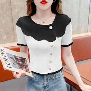 Mùa hè mới thời trang mỏng vừa vặn độc đáo cổ cánh hoa áo sơ mi dệt kim ngắn tay thô tweed cổ tròn đơn giản dành cho nữ Áo nửa tay đơn giản