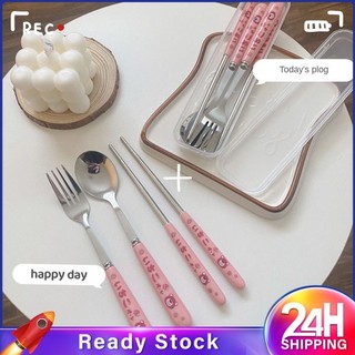Bộ Thìa đũa Bằng Thép Không Gỉ Hình Gấu Dâu Bộ đồ ăn Di động Bộ Ba Chiếc Nĩa Quà Tặng Dễ Thương