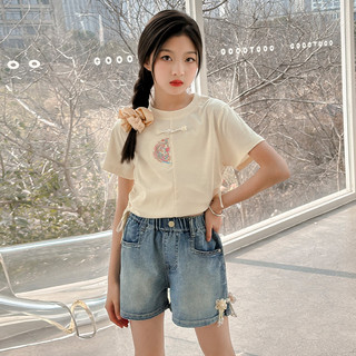 Áo thun ngắn tay ngắn Quần Short Denim Bộ đồ hai mảnh bé gái Bộ đồ phong cách quốc gia mùa hè Tính khí Quần áo trẻ em giữa