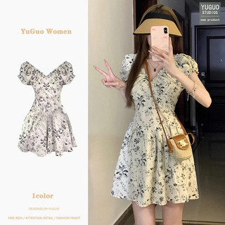 Đầm dự tiệc Váy body Đầm babydoll Váy cottagecore Cao Cấp Mặc Váy Ngắn Chữ A Nhỏ Gợi Cảm V Cổ Chữ V Tay Phồng Nẹp Ôm Hơn Nhìn Hoa Đầm