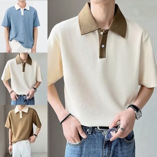 【MOtorland 】T-Shirt Short Sleeve Summer Breathable Button Daily Holiday Men Patchwork