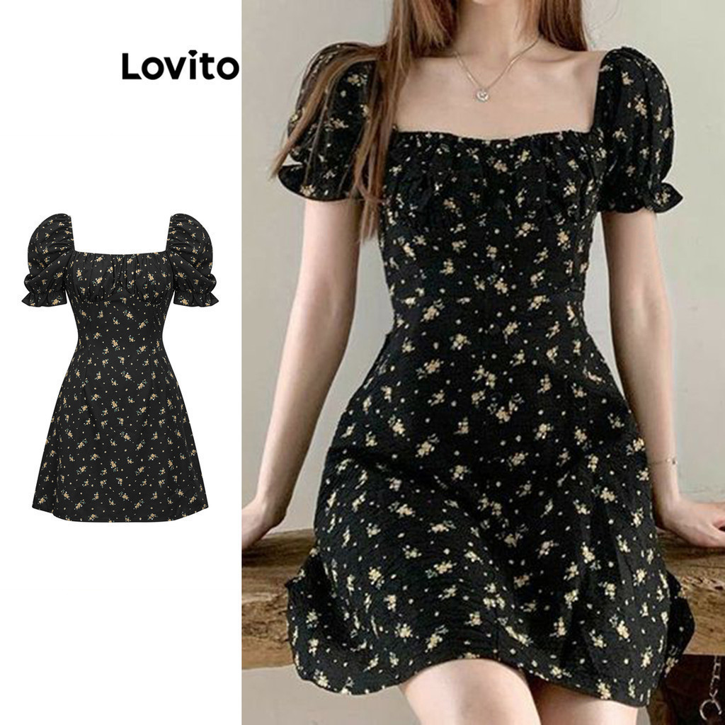 Đầm Lovito tay phồng xếp nếp hoa nhí thường ngày Dress cho nữ L80ED265