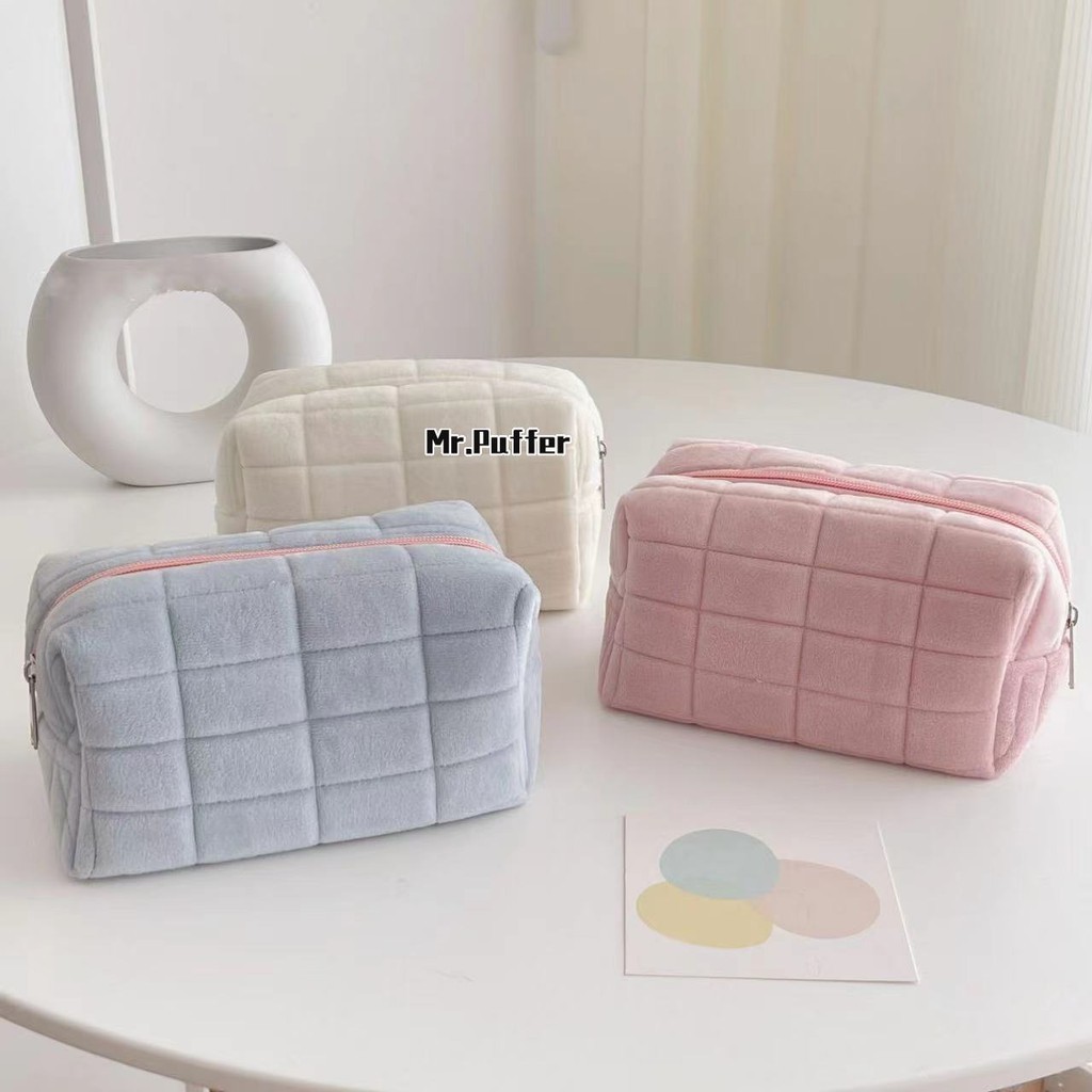 Mr.puffer Nhung Gối Giải Nén Túi Đựng Mỹ Phẩm Túi Vệ Sinh Tiện Lợi Dung Tích Lớn Kẻ Sọc Cao Cấp Túi Bảo Quản Mỹ Phẩm