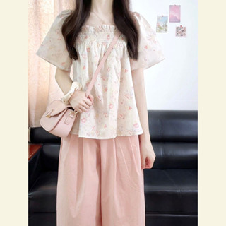 Áo sơ mi voan hoa mùa hè dành cho nữ + quần ống rộng