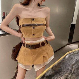Set Áo Quây Thắt Đay Đai, Chân Váy Ngắn Xếp Ly Phối Giả Liền Sơ Mi Dễ Phối Mẫu Mới Hot Girl Kiểu Mỹ