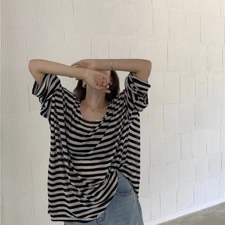 IMAODOU Áo thun dài tay cổ tròn sọc đen trắng gió lười nữ mùa hè dáng rộng chống nắng smock áo dài vừa phải đơn giản thủy triều