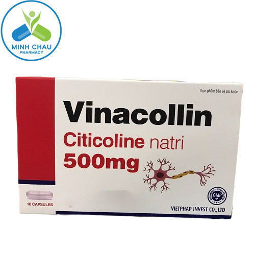 Vinacolin Citicoline 500mg hộp 10 viên uống giúp tăng tuần hoàn máu não, giảm triệu chứng suy giảm t