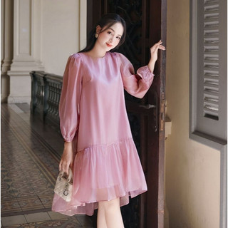 Joven đầm ngắn babydoll vera tay dài chất organza thanh lịch