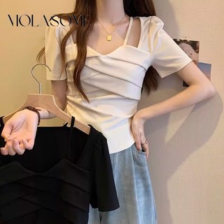 MOLASOME Nữ Áo thun ngắn tay cổ vuông màu trơn thời trang mới