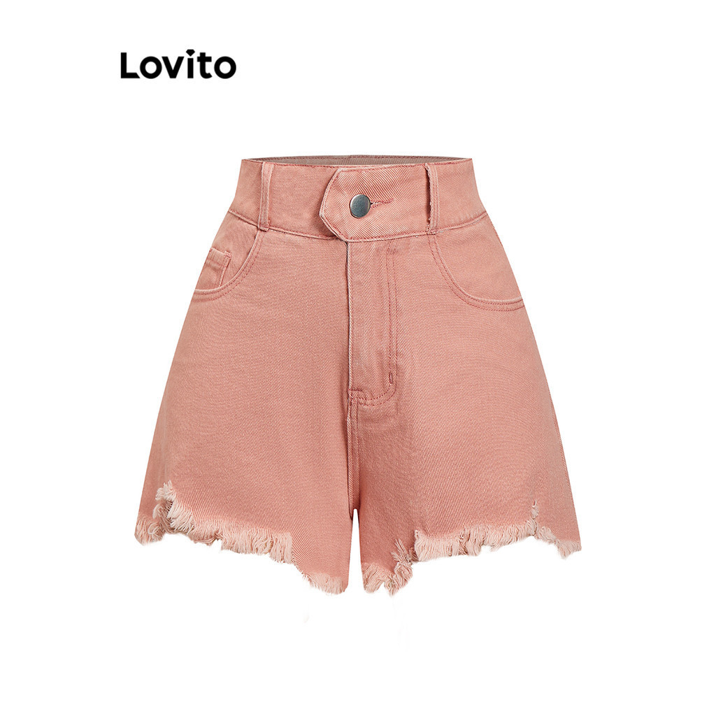 Quần short denim Lovito hai lớp xếp nếp gấu thô ôm vừa phải thường ngày cho nữ L80ED034