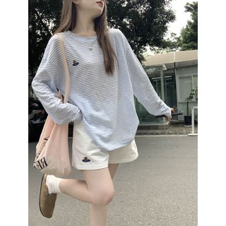 Áo thun dài tay sọc xanh cổ điển mỏng mùa hè