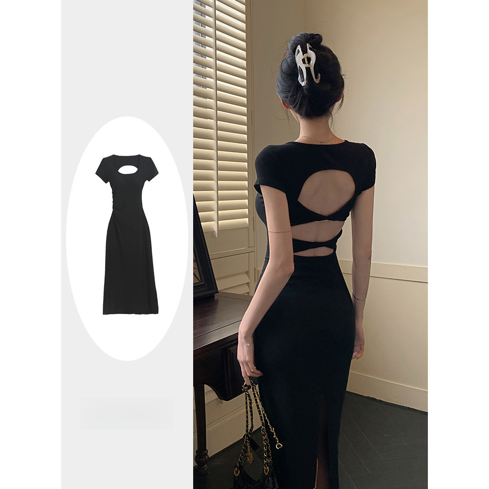 Váy body dáng dài T Sang Trọng Slim-fit Slimmer Nhìn Đen Tay Ngắn Chia Dây Đầm Nữ Mùa Hè Cao Cấp Váy Dài 2