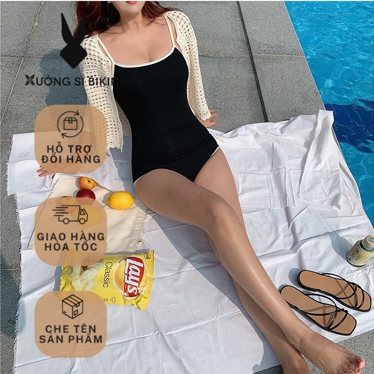 [BIKINI LOẠI 1] Bikini 1 mảnh, Bodysuit đen viền trắng khoét lưng baby (không kèm áo khoác ngoài)