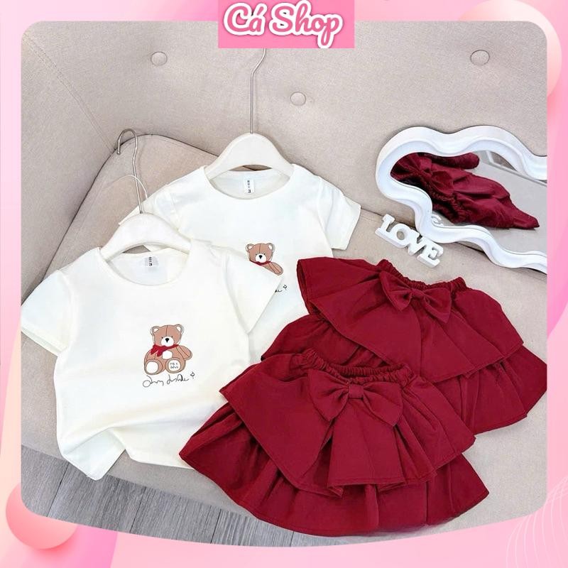 NB3, Set bộ bé gái, Set áo cotton ngắn tay hoạ tiết gấu nâu chân váy đỏ nơ 2 tầng cho bé gái