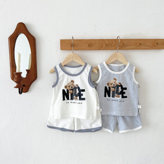 Bé Trai Mùa Hè Áo Quần Short Phù Hợp Với Cotton Mỏng Phong Cách Bé Trai Bé Gái Hoạt Hình Gấu Thư Thường Ngày Thoáng Khí Hai Mảnh Phù Hợp Với