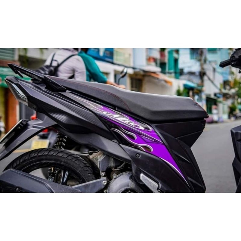 Tem lửa dán xe mio m3 . Tem rời lửa tím đen cao cấp 3 lớp bóng bảo hành màu trọn đời xe