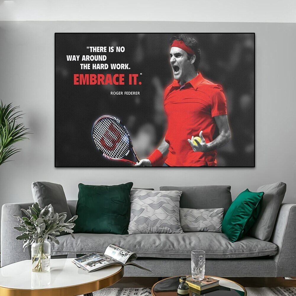 Nghệ Thuật Thể Thao Tay Cầm Quần Vợt Roger Federer Chân Dung Động Lực Trích Dẫn Canvas Tranh Treo Tường Nghệ Thuật In 0706