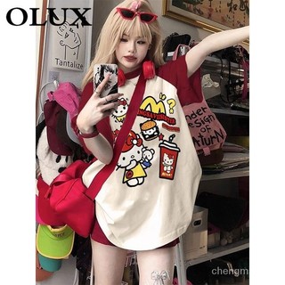 Mỹ Retro Hợp Thời Trang Cotton Nguyên Chất Khâu Ngắn Tay Áo Thun Nữ Thiết Kế Mùa Hè Cảm Giác Hoạt Hình Màu Sắc Tương Phản Rời Raglan Top