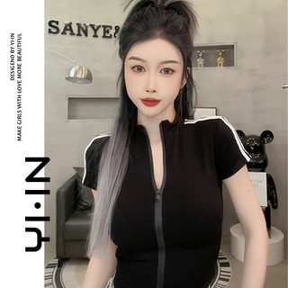 Phiên Bản Hàn Quốc Thời Trang Tương Phản Màu Thanh Dây Kéo Áo Thun Nữ Tay Ngắn Mùa Hè Thường Ngày Hàng Đầu